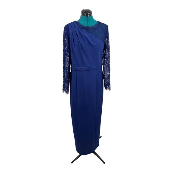 JS Collections navy Maria lace scallop long sleeve column gown NWOT - Picture 3 of 8